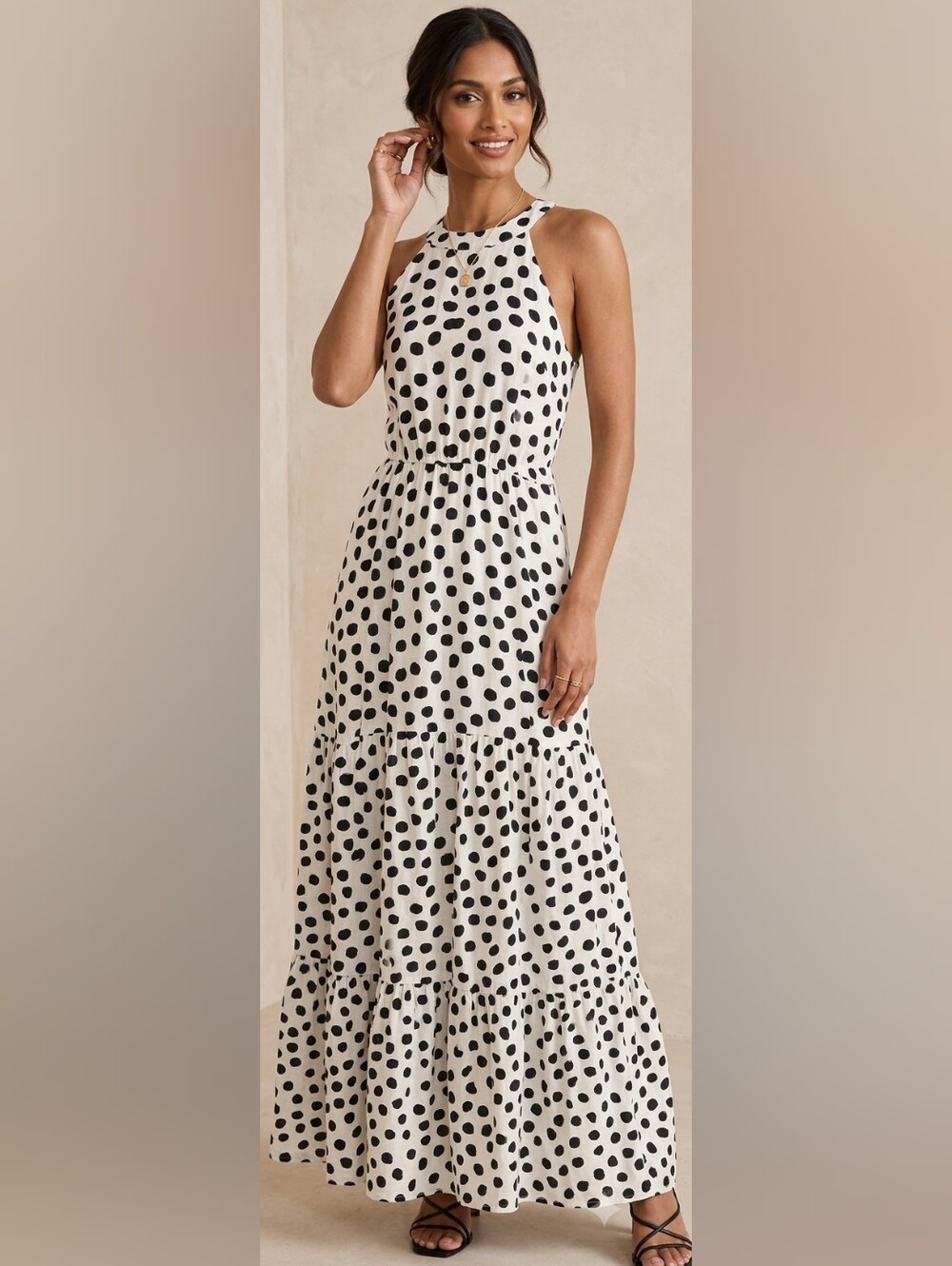 entro Black & White Polka Dot Halter Maxi Dress